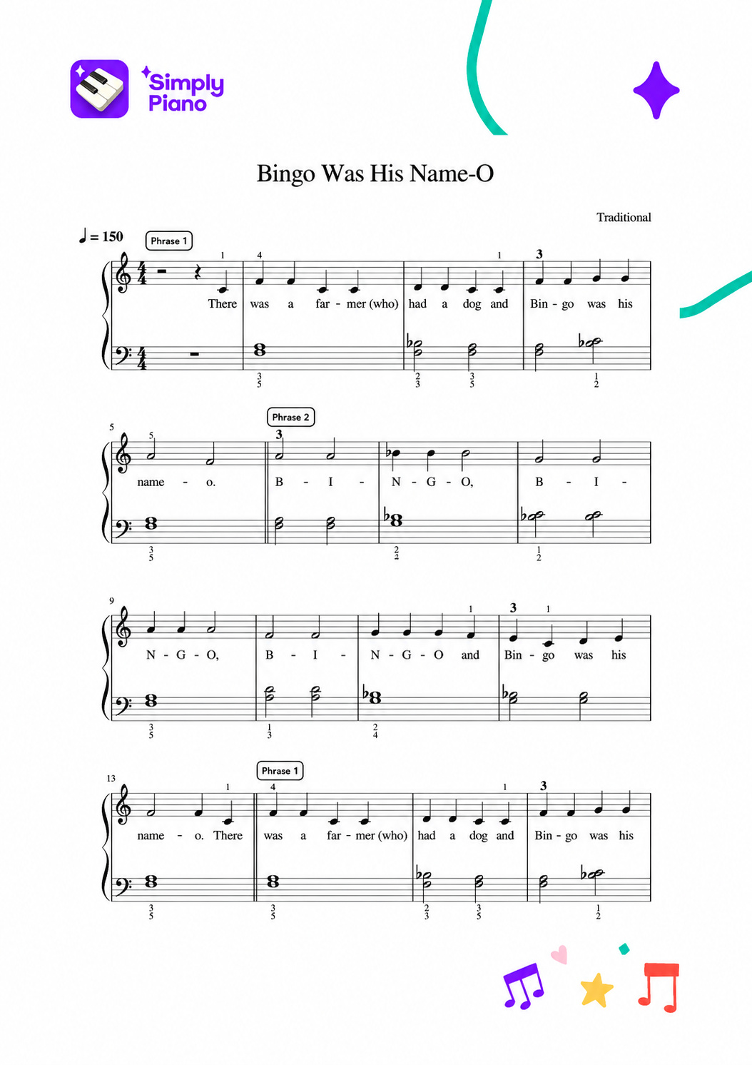 Printable Bingo was his name-o sheet music for piano