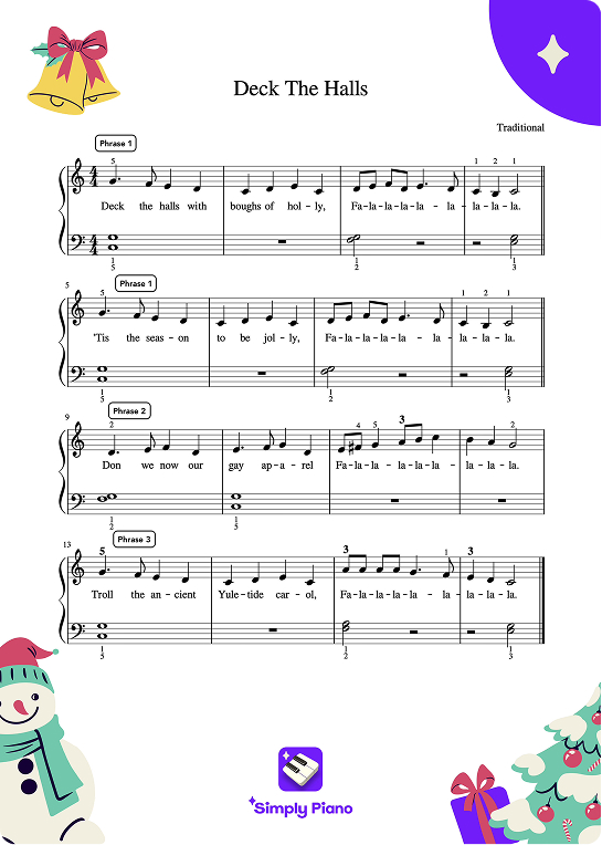 Printable Deck the Halls sheet music for piano