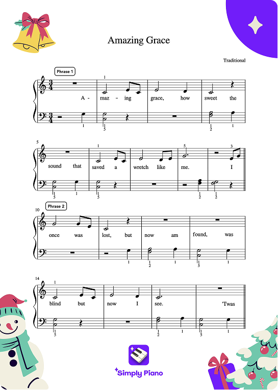 Printable Amazing Grace sheet music for piano