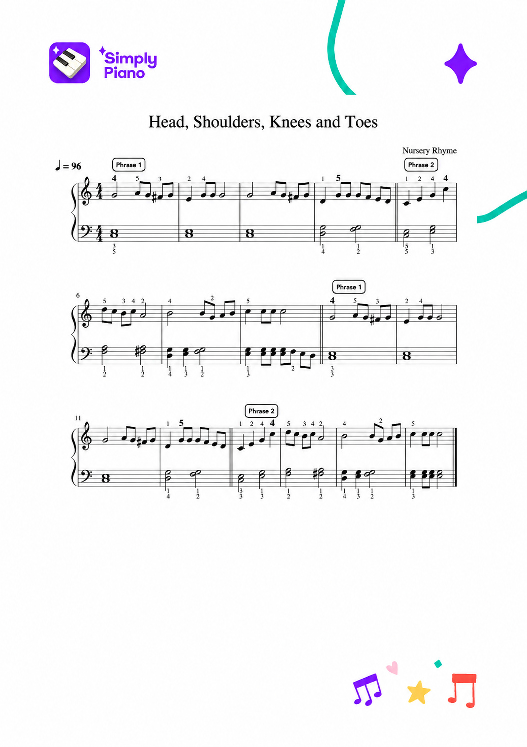 Printable Head, Shoulders, Knees and Toes sheet music for piano