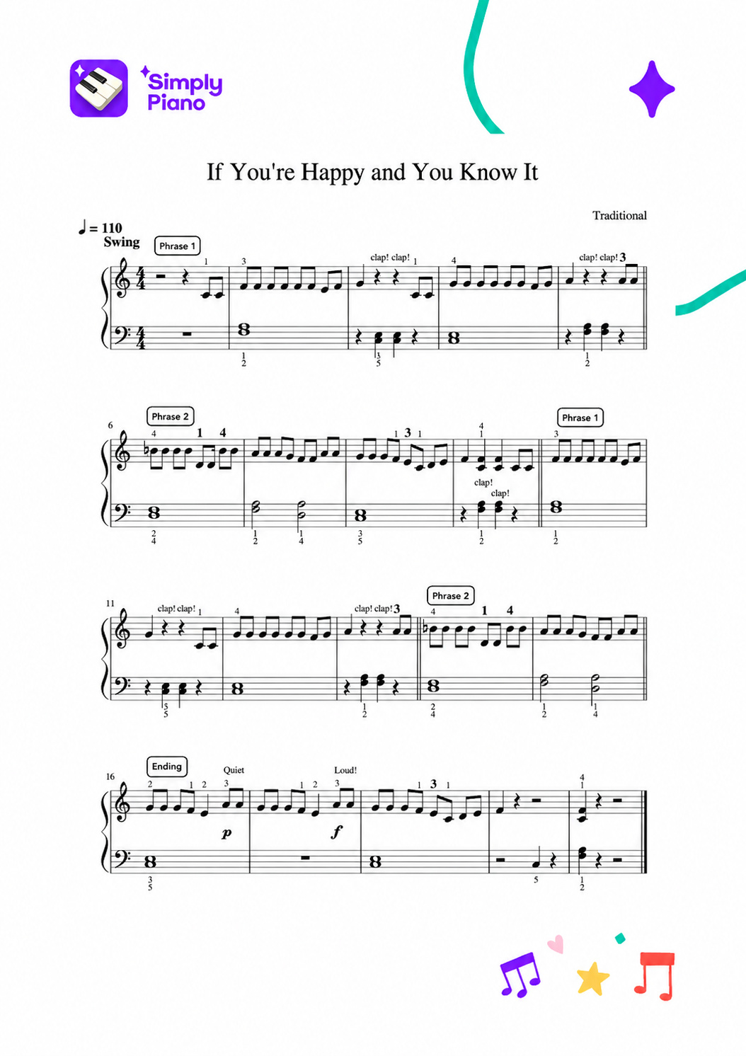 Printable If You're Happy and You Know It sheet music for piano