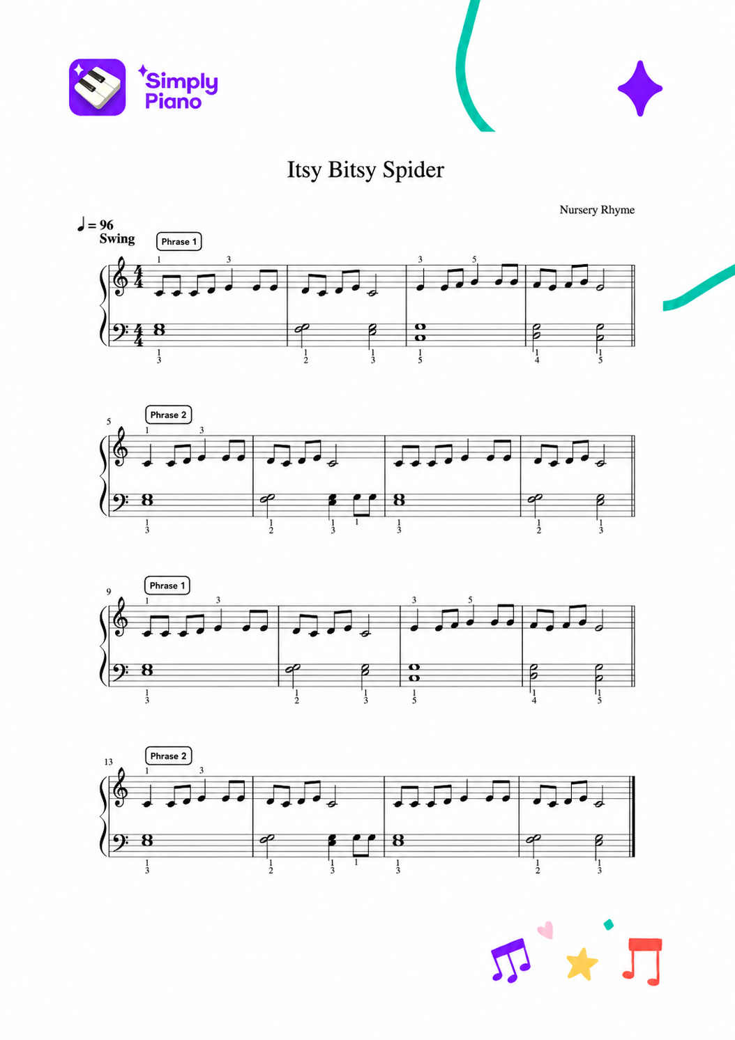Printable Itsy Bitsy Spider sheet music for piano