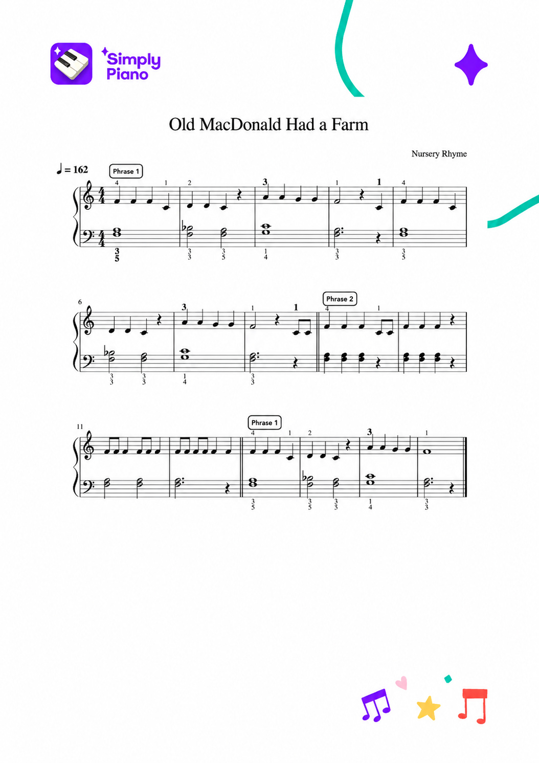 Printable Old MacDonald Had a Farm sheet music for piano